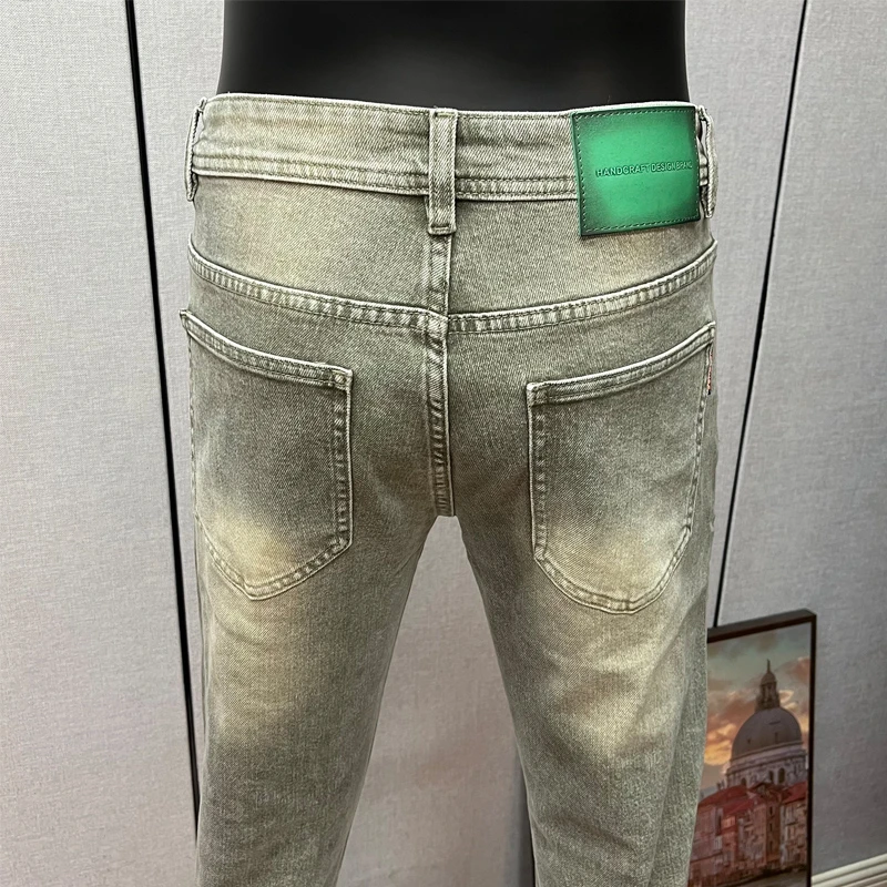 【秋冬厚款】679绿色潮流欧货时尚男牛仔裤修身弹力小脚裤百搭长裤