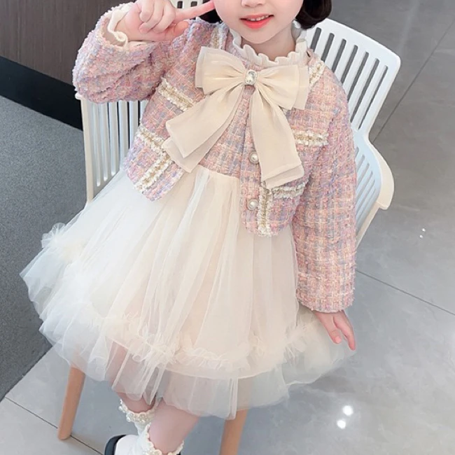 女童连衣裙韩版中小童长袖网纱公主裙洋气马甲套裙潮
