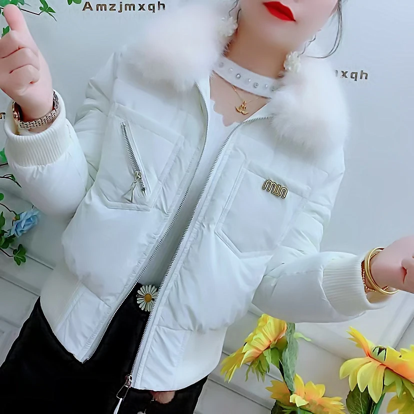 秋冬季亮面高档棉服女装短款高腰大毛领棉衣修身时尚气质女士外套