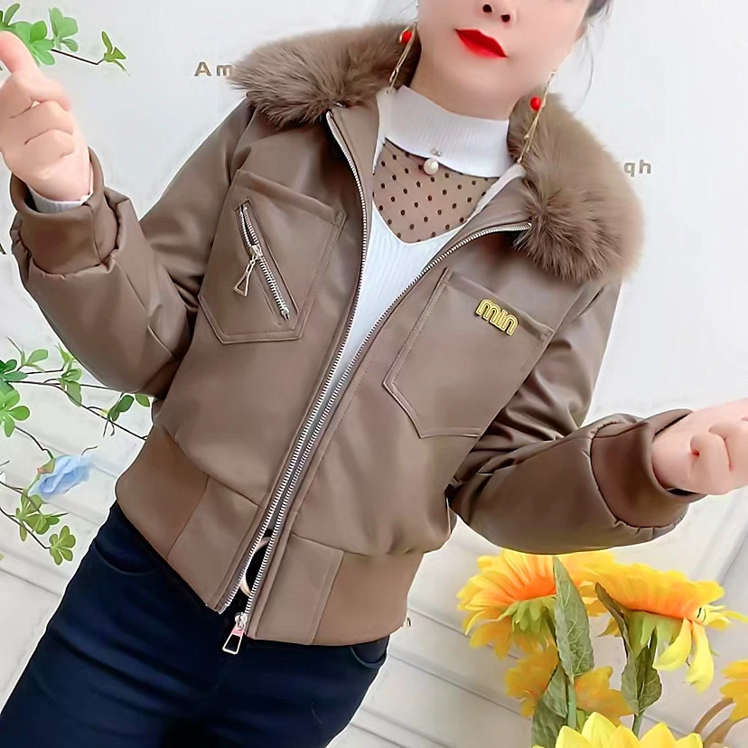 冬季新款修身时尚洋气加绒保暖小个子短款纯色女皮衣棉服百搭外套