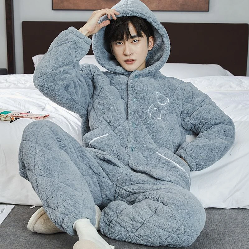 三层夹棉冬季男士睡衣珊瑚绒加厚加绒可外穿法兰绒家居服套装冬天