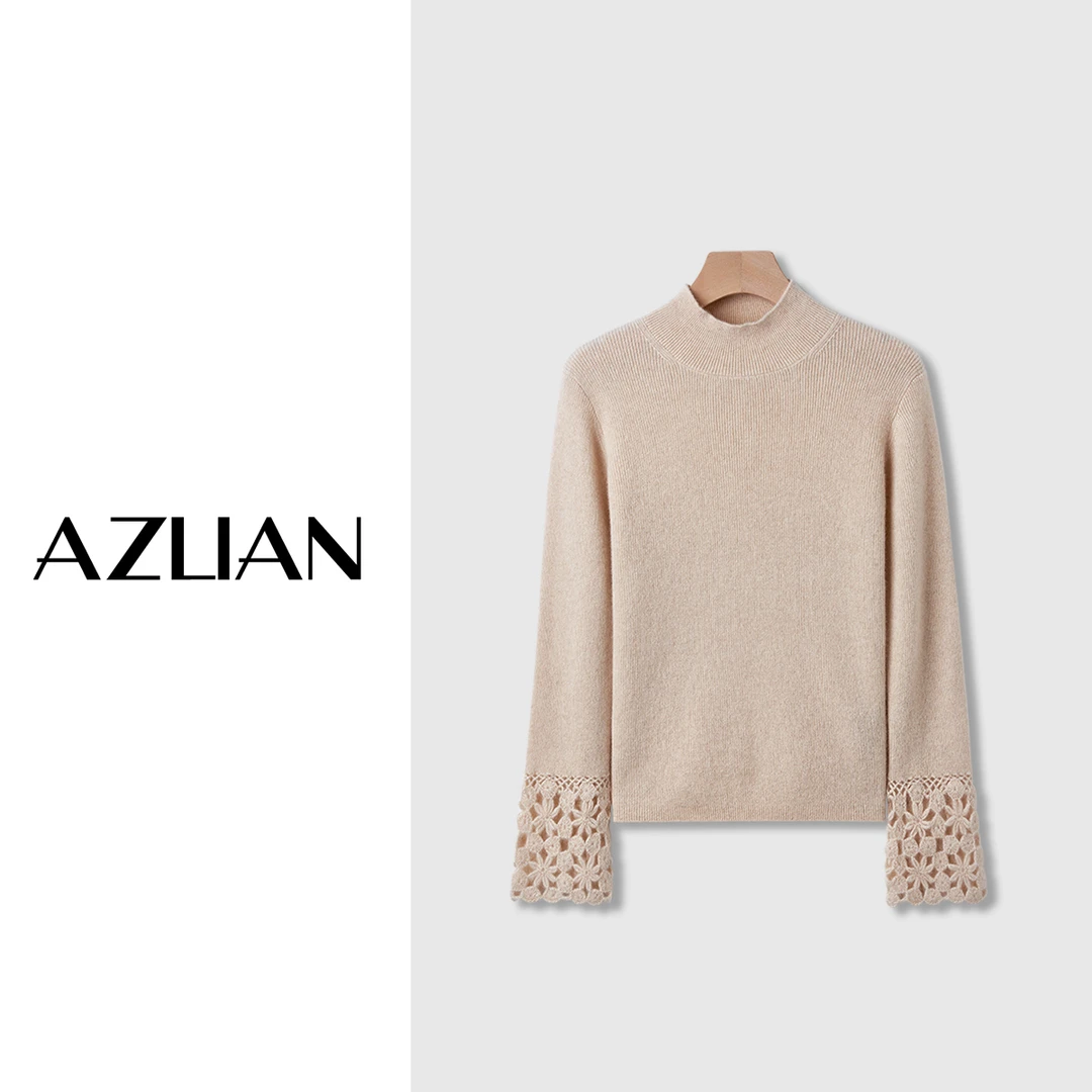 【妮妮定制】羊绒冬季半高领拼接袖口钩花毛衣女亲肤针织衫 5110