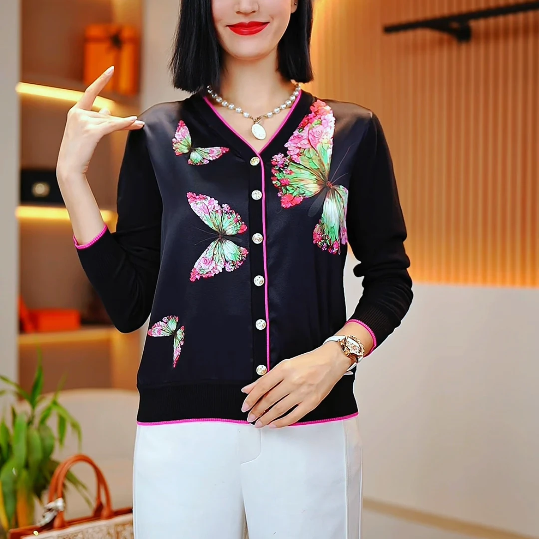 2024秋季新品长袖休闲女士复古印花百搭洋气显瘦拼色外套-266