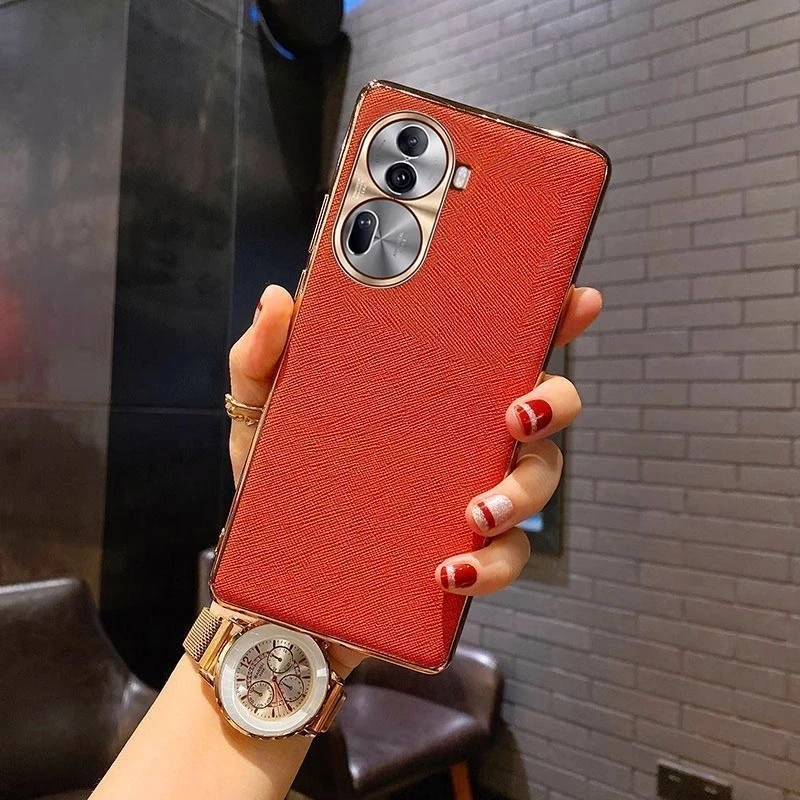 opporeno11手机壳reno11pro新款真皮电镀全包防摔超薄软壳男女潮