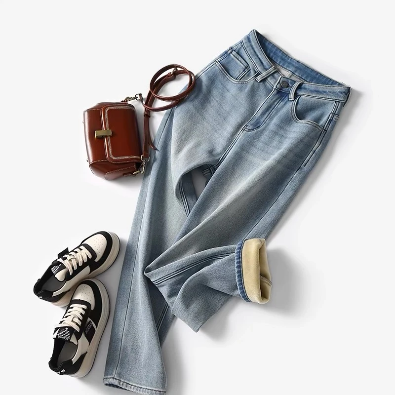 秋冬新款爆款阔腿直显瘦宽松修身直筒加绒牛仔裤