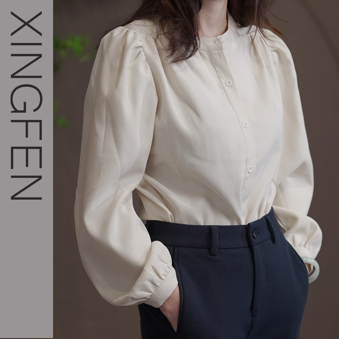 时尚气质灯芯绒小众衬衫女秋季新款圆领出色长袖衬衣百搭上衣厚款