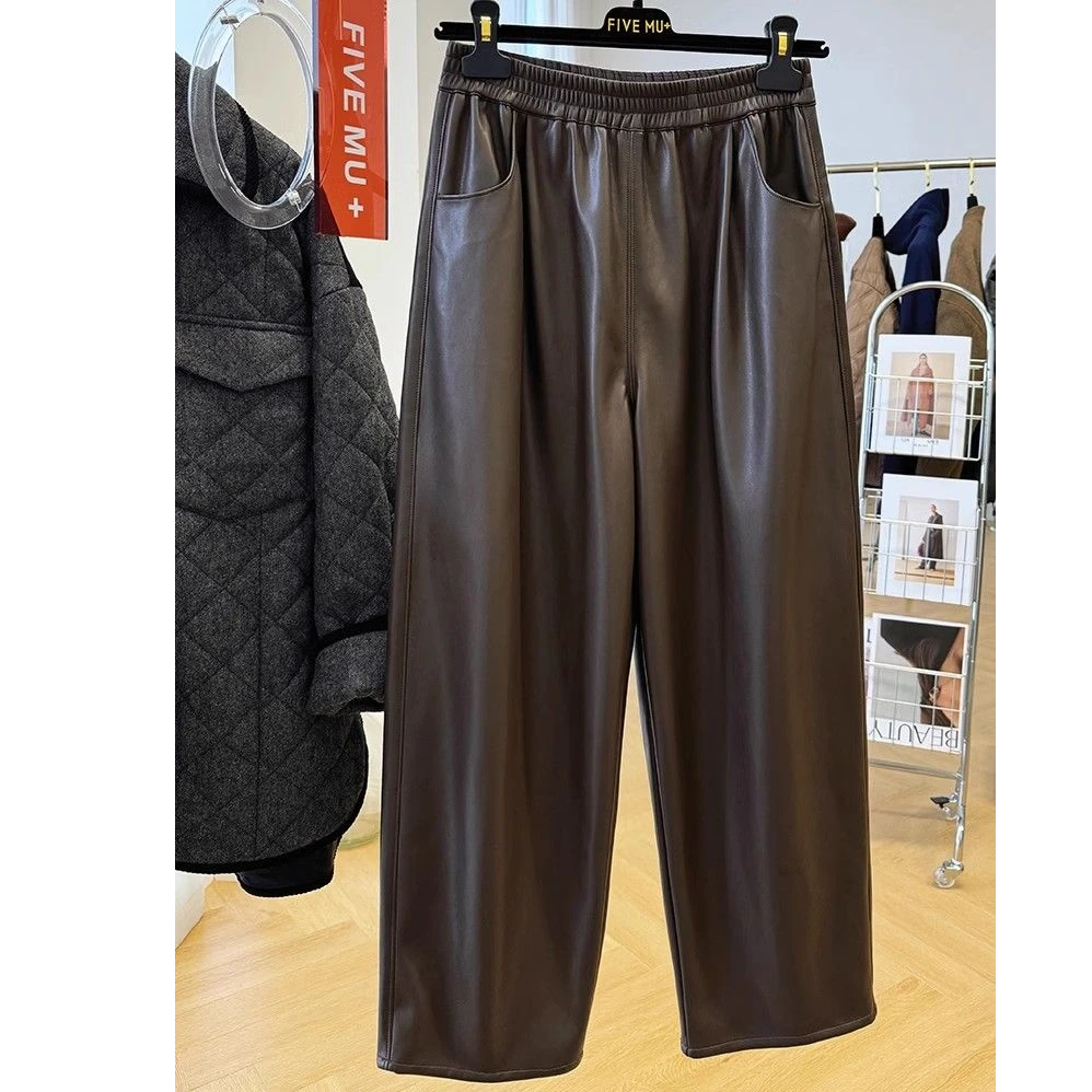 2024秋冬新款高级感松紧腰皮裤女休闲裤宽松九分哈伦裤超好看裤子