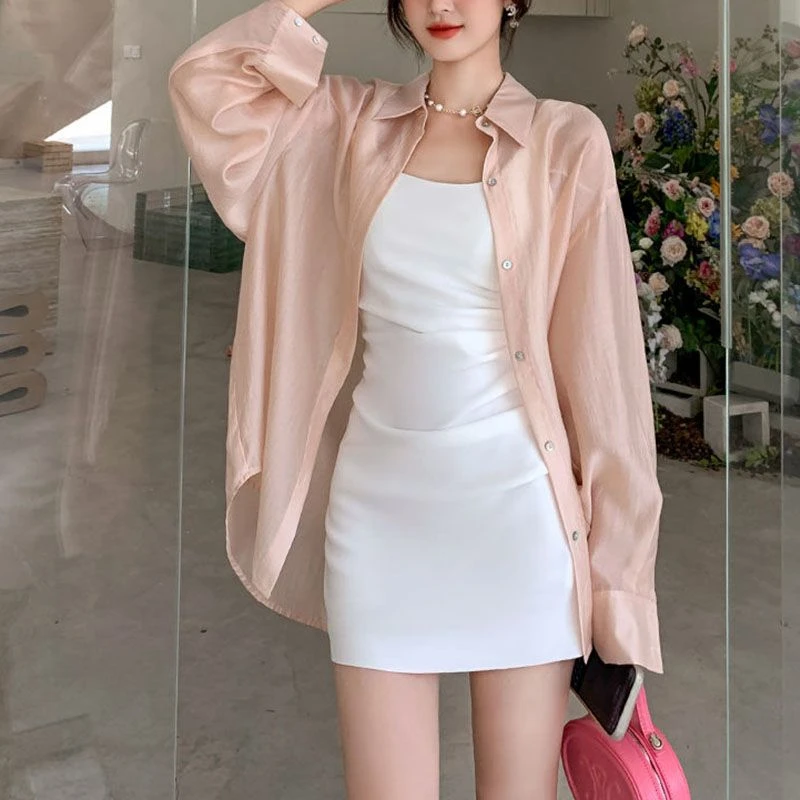 轻薄开衫防晒衬衫女2024春夏新款后背开叉性感炸街粉色百搭上衣潮