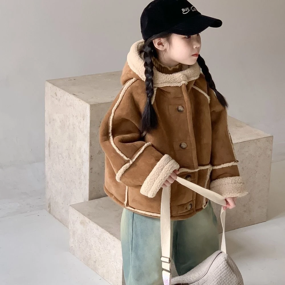 女童加绒羊羔外套2024年冬季儿童新款皮毛加厚一体宝宝保暖冬装潮