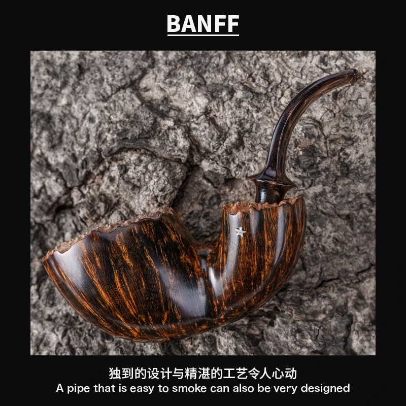 班夫工作室原创设计双瘤皮黄金染色火焰满纹手工烟斗324H瘤皮烟斗