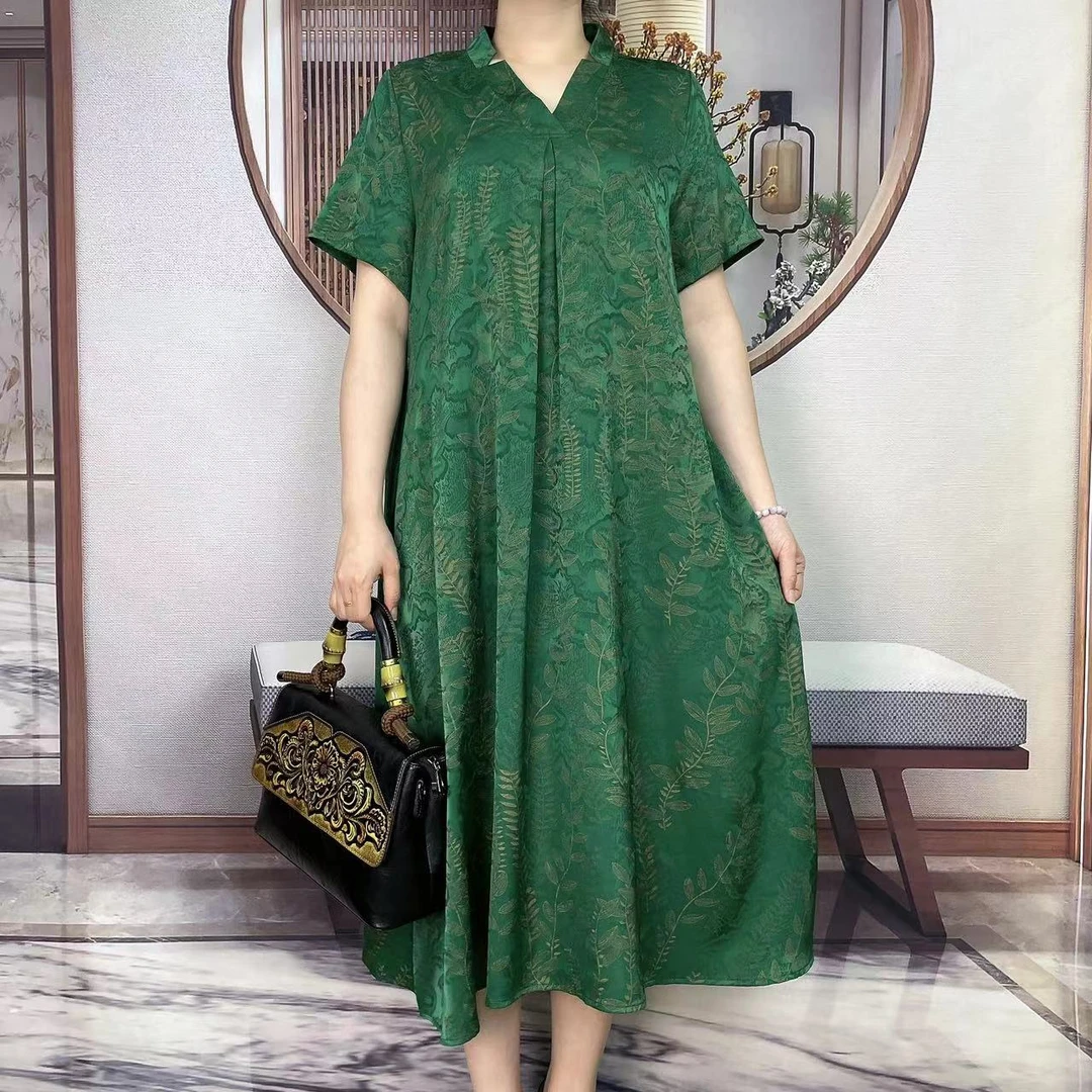 Q38006夏季新款树叶花V领连衣裙