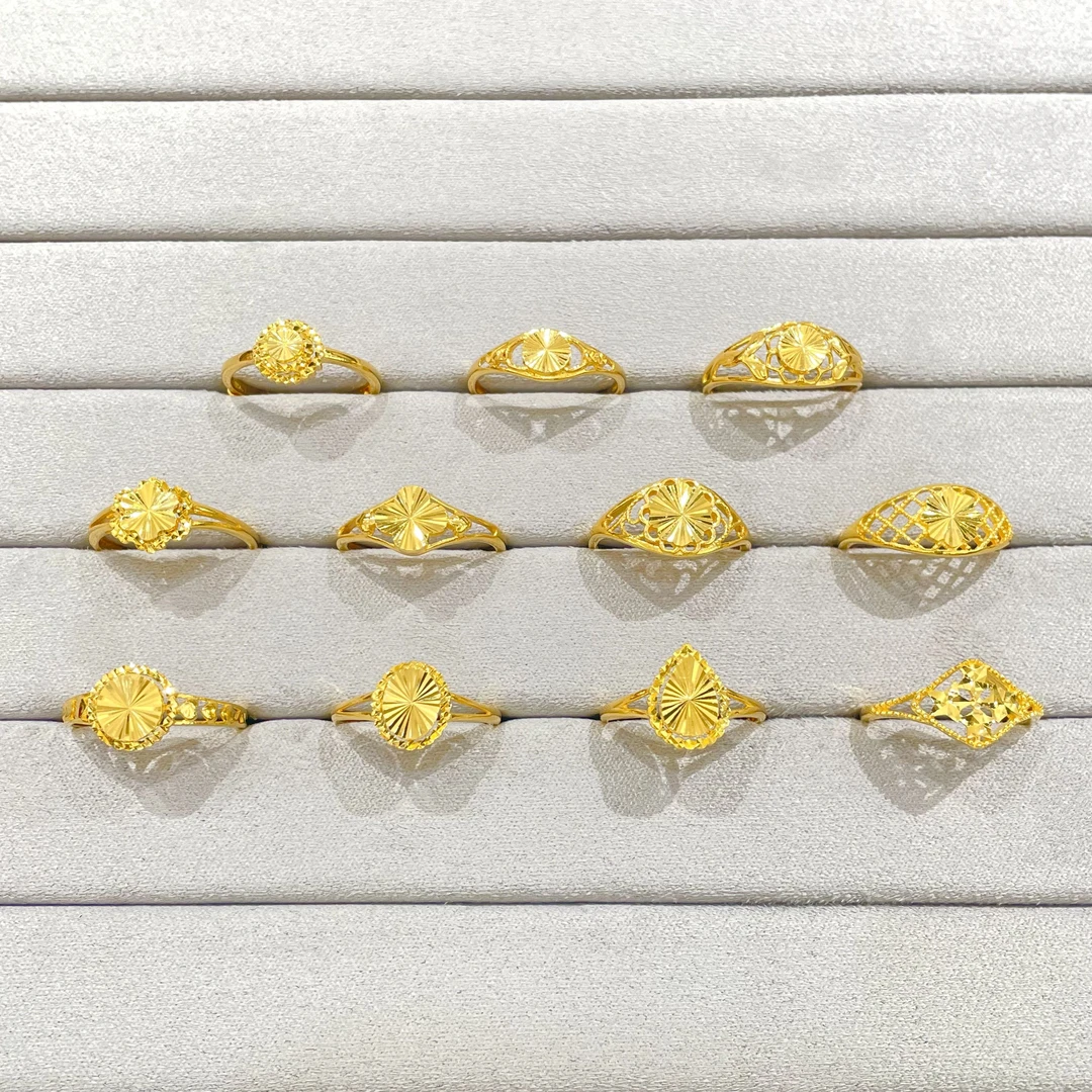 5G足金999 车花工艺仿钻刻面戒指轻奢高端黄金活口戒可调节