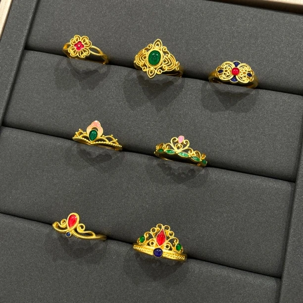 古法足金999 珐琅彩花丝黄金戒指活口可调节指圈
