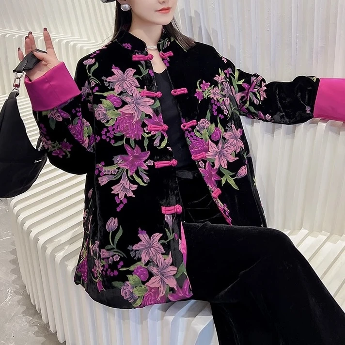 【暖鹃】棉衣女冬季宽松显瘦新中式复古印花盘扣唐装棉服夹棉外套