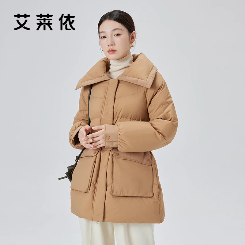 艾莱依拼接翻领羽绒服女冬季新款风衣设计感时尚休闲保暖外套1231