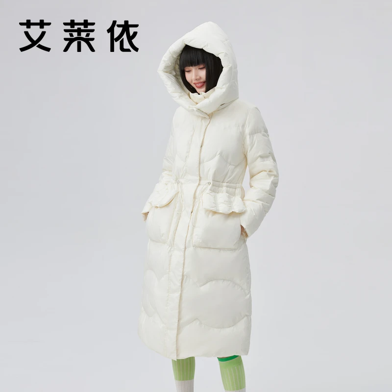 艾莱依冬季新款鹅绒羽绒服女款爆款时尚立领连帽保暖长款外套1410