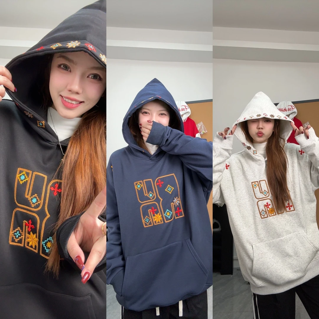 BUBC游牧民族万针刺绣加绒连帽卫衣男女秋冬潮流情侣套头帽衫上衣