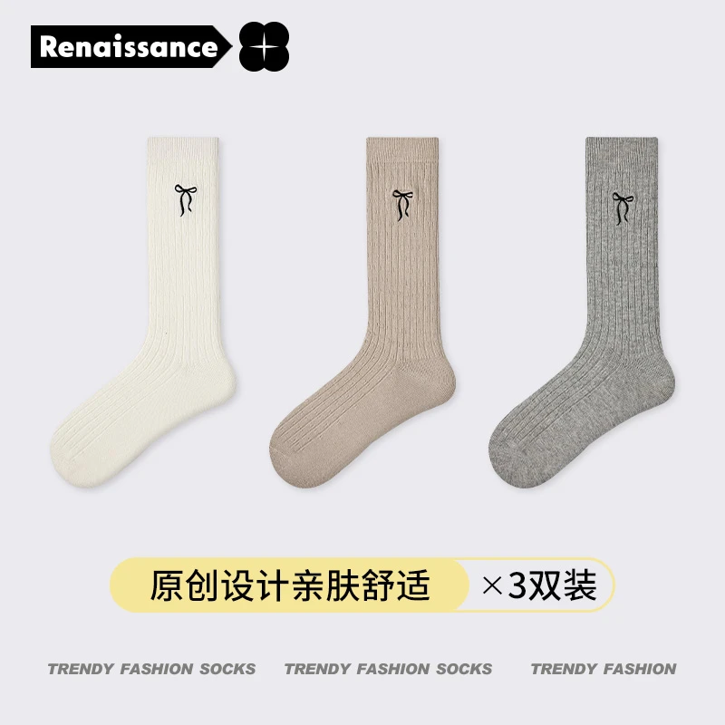 文艺复兴miu系芭蕾风纯色蝴蝶结秋季棉中筒袜子春秋款JK堆堆袜