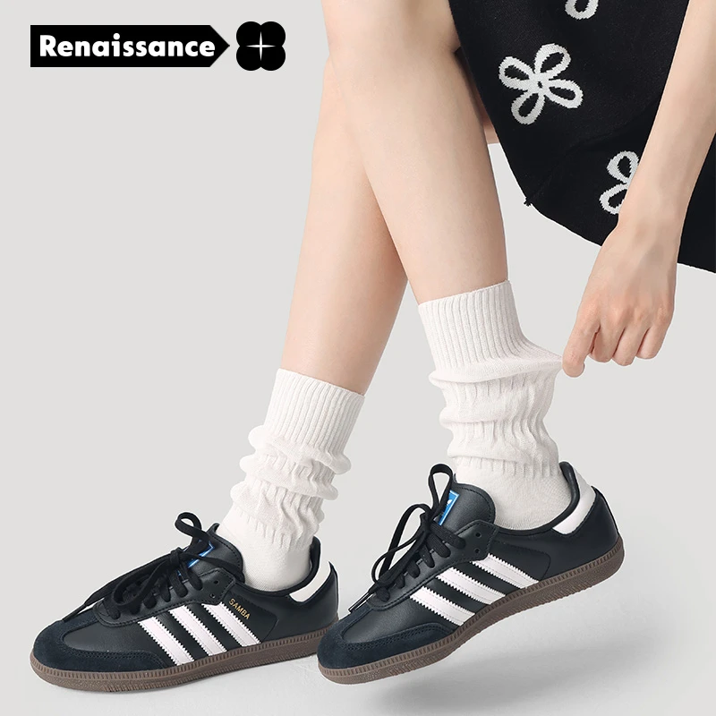 文艺复兴袜子女纯色舒适透气中筒袜泡泡袜口设计秋冬款堆堆袜8833