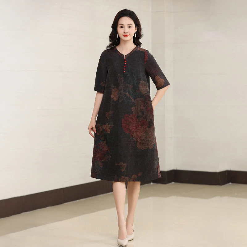 D24F778龟裂纹香云纱宽松连衣裙真丝桑蚕丝气质复古中长款裙子