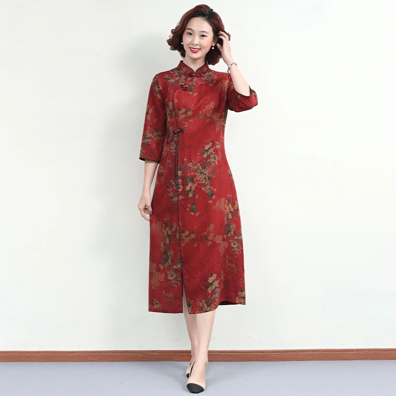 D2322红色女装连衣裙2025新款女气质香云纱妈妈春装婚宴礼服裙子