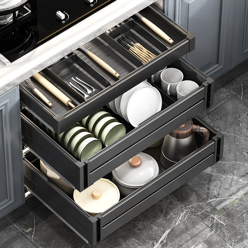 拉篮厨房橱柜碗篮三层抽屉式厨柜内架铝合金碗碟碗架工具调味料篮