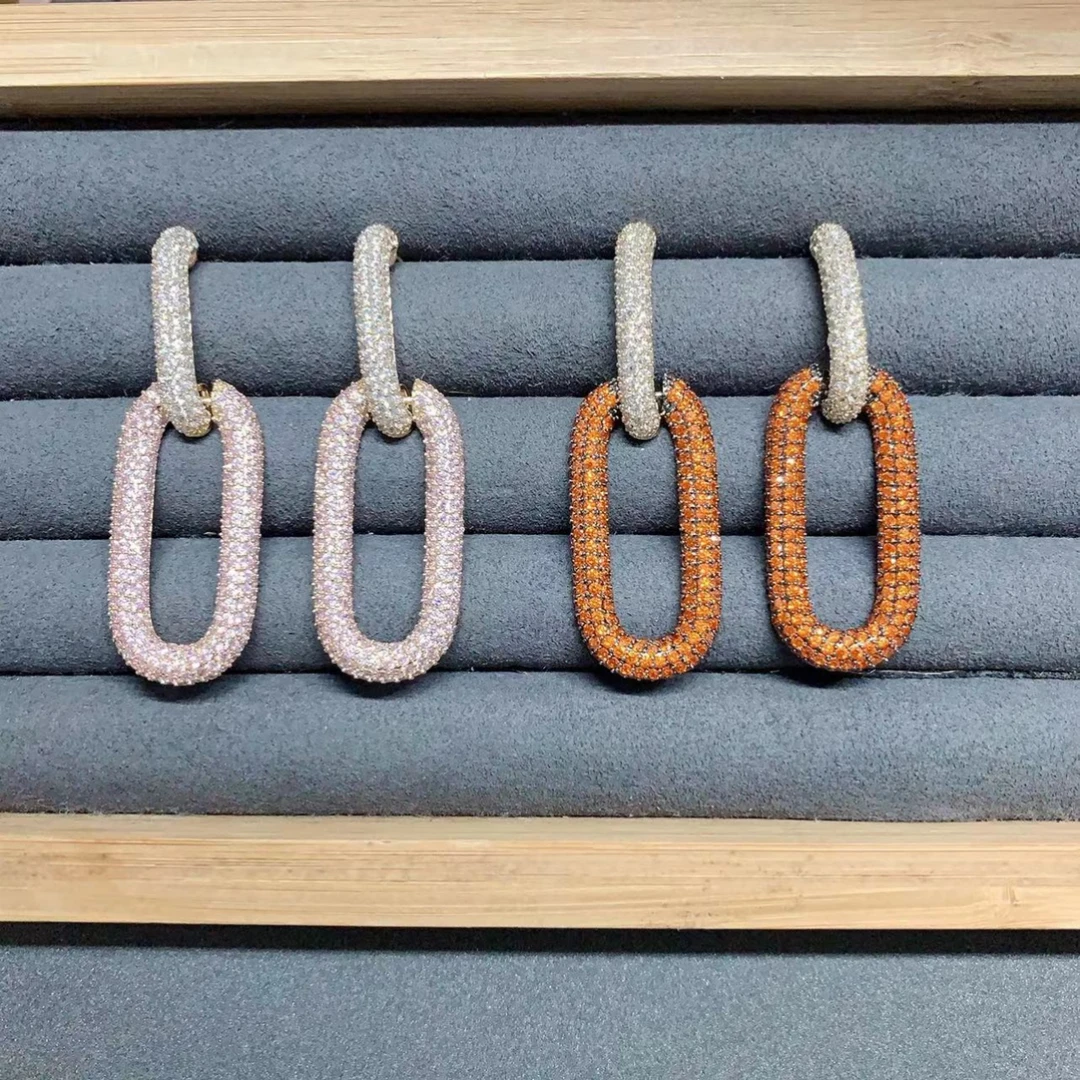 铜合金合成锆石耳饰 4208奢华微镶密锆气质百搭链条流苏耳环