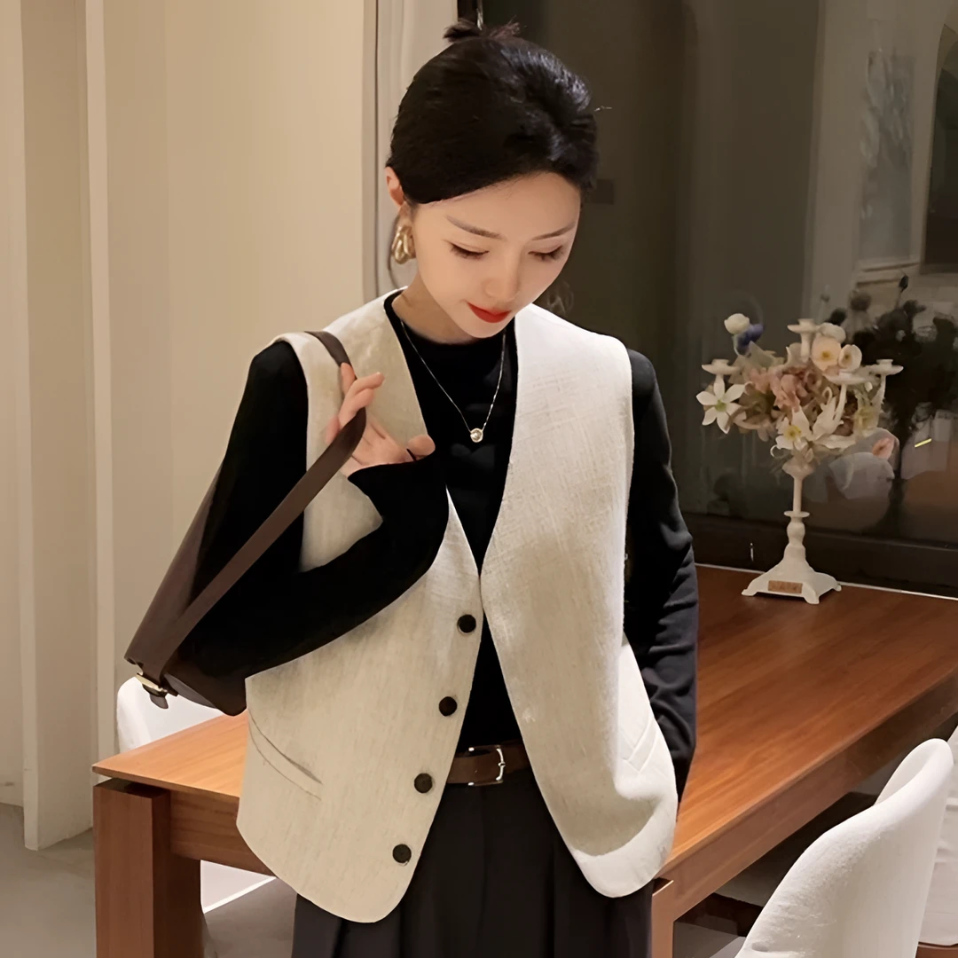 初秋2024新款高级感气质无袖V领时尚马甲女宽松百搭坎肩背心外套