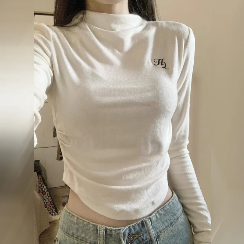 白色半高领修身内搭打底衫女秋冬季2025新款长袖磨毛辣妹短款上衣