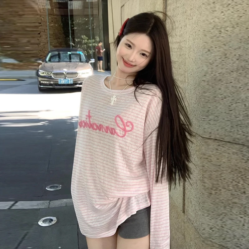 薄款条纹长袖t恤女秋季2025新款甜辣外搭宽松中长款防晒罩衫上衣