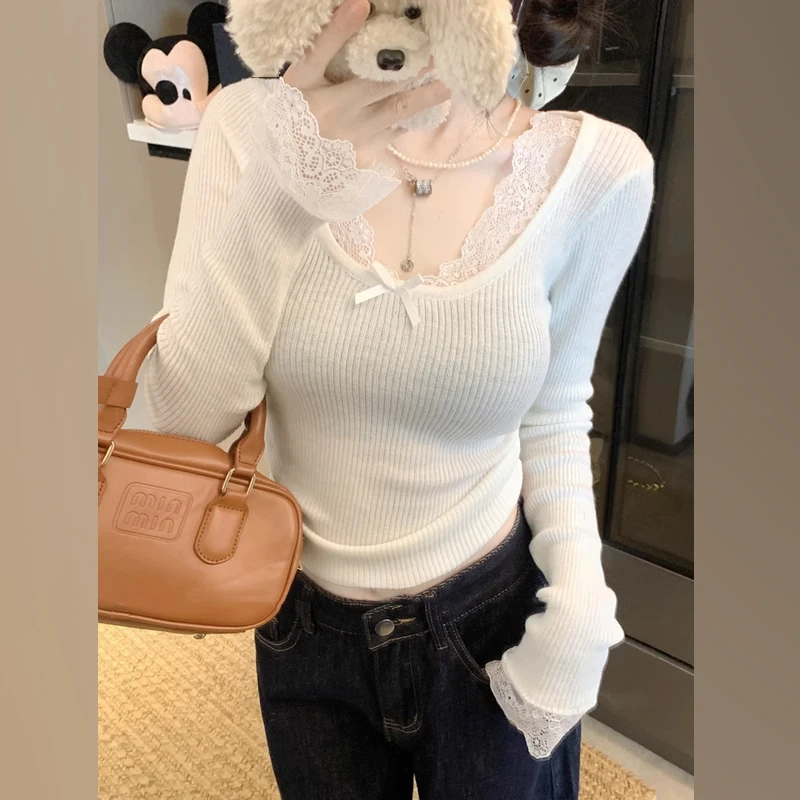 纯欲蕾丝打底衫女秋冬2025新款白色chic内搭短款长袖t恤茶艺上衣