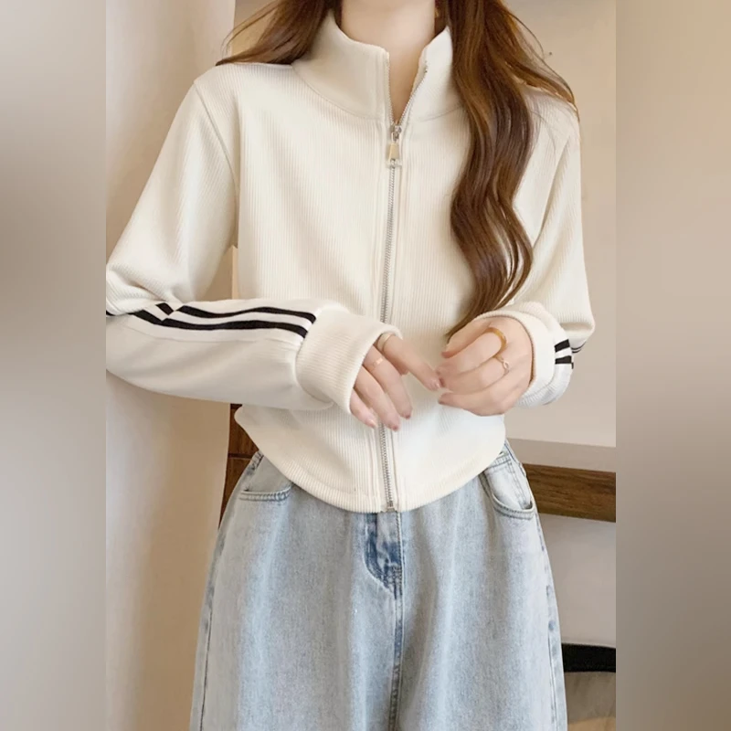 条纹立领短款卫衣外套女秋装2025新款爆款美式小个子修身长袖上衣