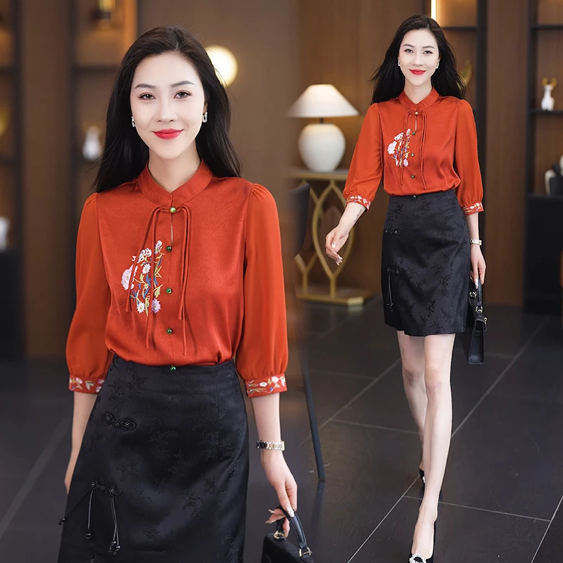 复古款新中式衬衫刺绣小衫中国风中袖2024夏新女气质时尚洋气衬衣