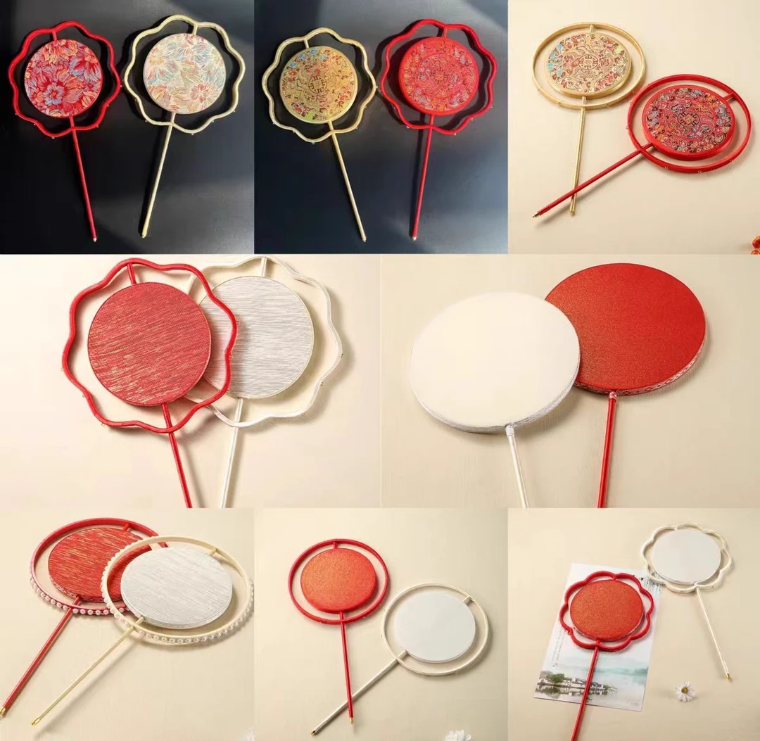 国风喜扇新娘中式双圈秀禾结婚双面圆形团扇长柄扇古风手工diy