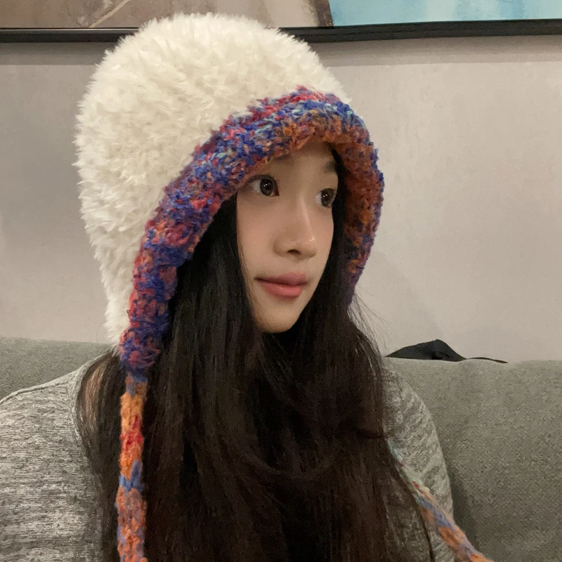 单14手工大头围毛绒帽子女新款秋冬加厚保暖护耳毛线帽显脸小网红