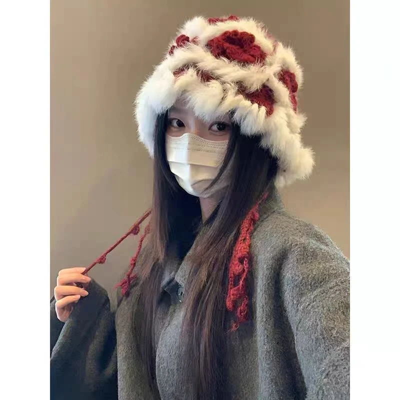 兔毛花朵针织毛绒帽子女秋冬季加厚保暖显脸小渔夫帽百搭