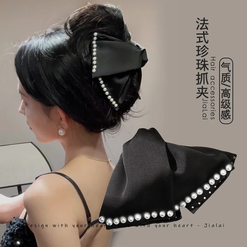 气质简约珠珠抓夹女复古法式2024百搭高级感后脑勺发夹子黑色发卡