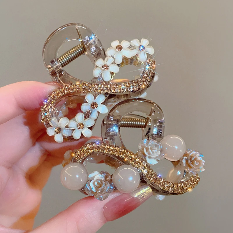 韩版水钻花朵中号抓夹女后脑勺半扎发发夹发量少鲨鱼夹气质发卡子