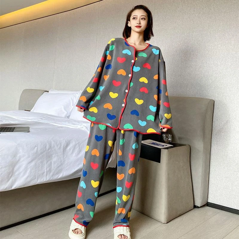 薄绒大码睡衣女2-300斤秋冬胖妹妹心型休闲居家服套装加肥