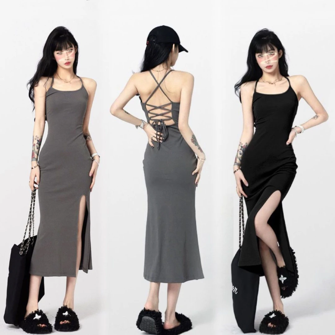 纯欲风辣妹绑带露背连衣裙女夏季新款收腰包臀后妈裙开叉吊带裙子