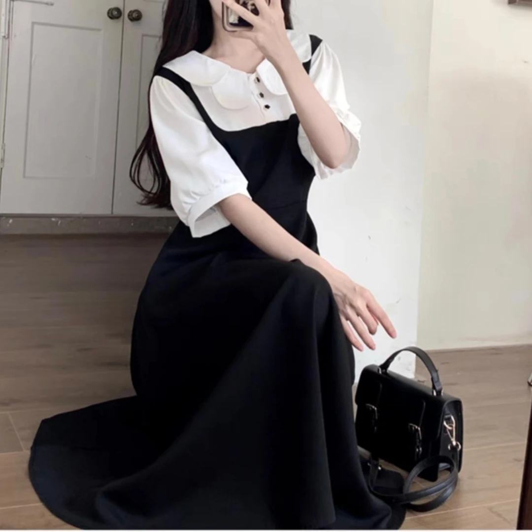 新款夏季胖MM法式娃娃领假两件时尚气质款收腰显瘦连衣裙