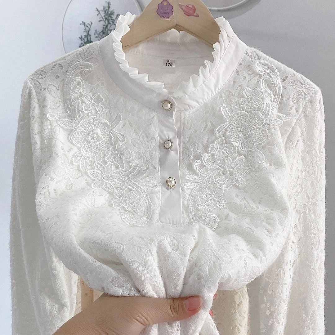 网纱蕾丝半高领衬衣小香风显瘦遮肉减龄上衣加绒内搭打底衫女衬衫