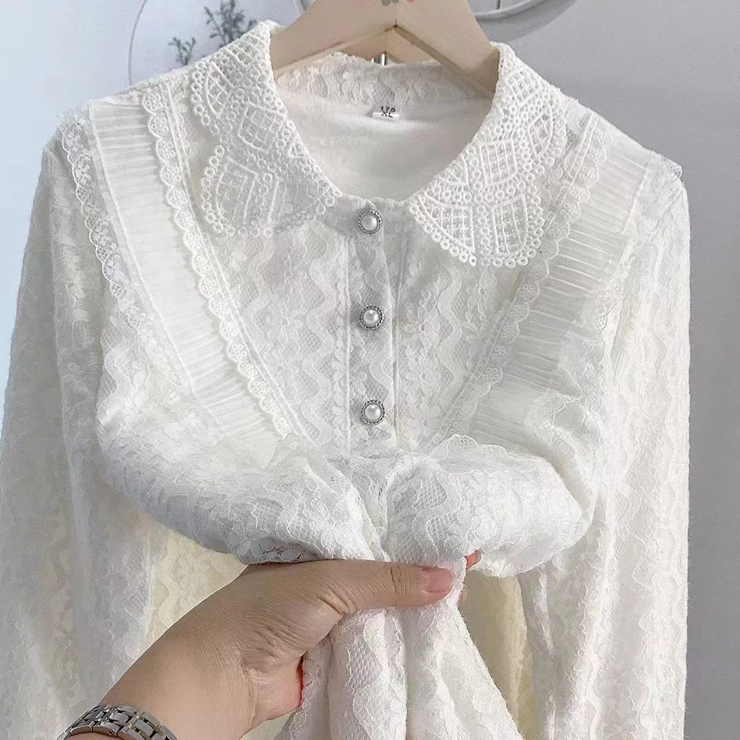 蝴蝶蕾丝方领长袖加绒加厚衬衫宽松显瘦遮肉减龄外穿上衣套头衬衣