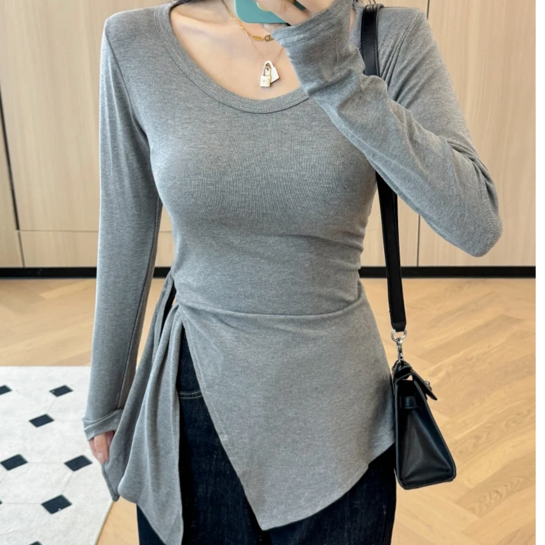 不规则收腰绑带显瘦长袖辣妹百搭紧身开叉修身设计感秋冬