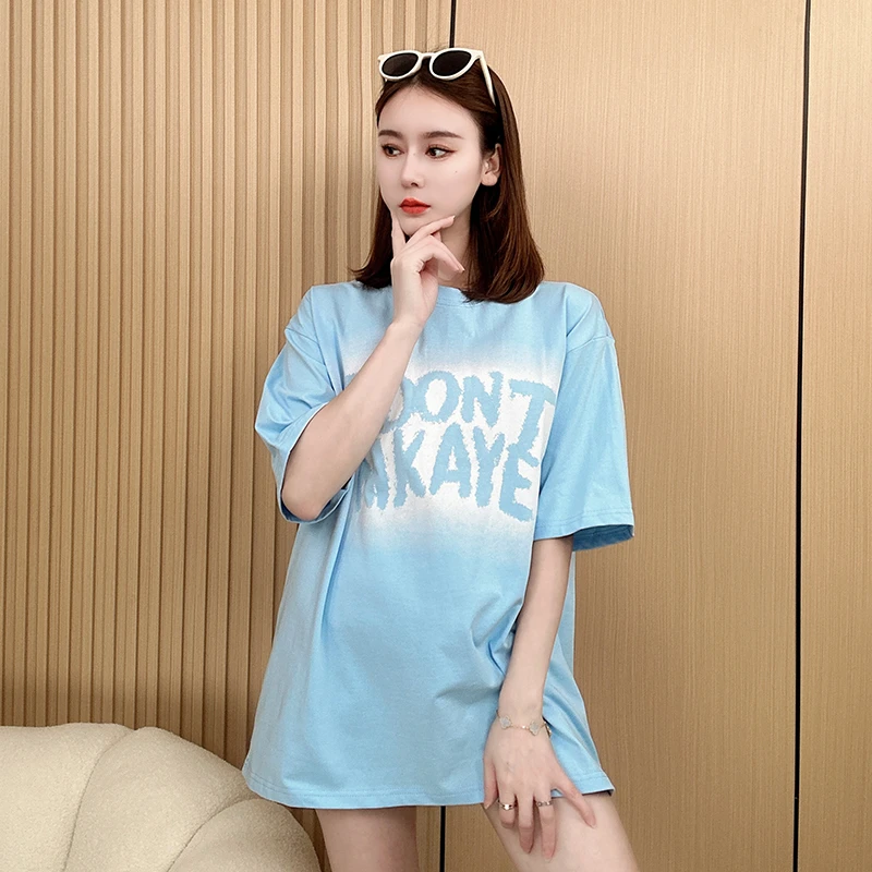 蓝色时尚休闲夏季宽松长款中长款圆领字母潮流印花设计感t恤百搭