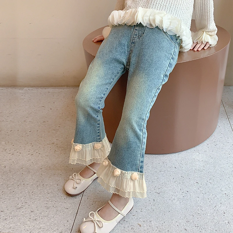 女童韩版牛仔裤春季洋气花边黄花喇叭裤