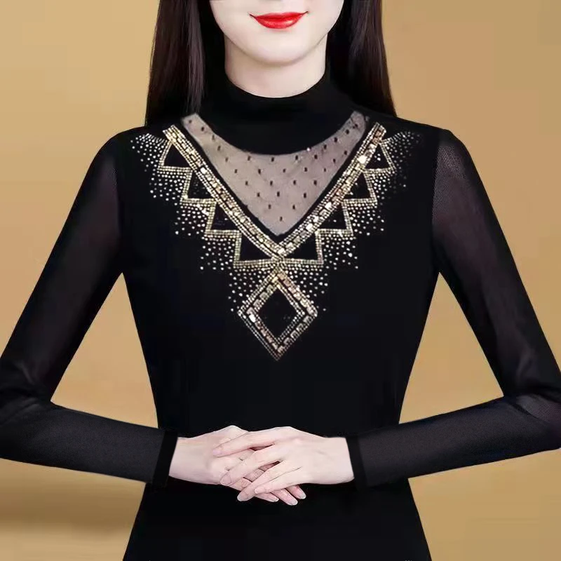 网纱烫钻打底衫女时髦洋气内搭小衫秋冬百搭加厚加绒保暖上衣