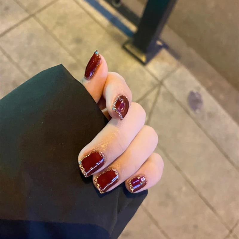 穿戴甲R109宝石酒红闪粉彩边假指甲贴片显白24片送工具包