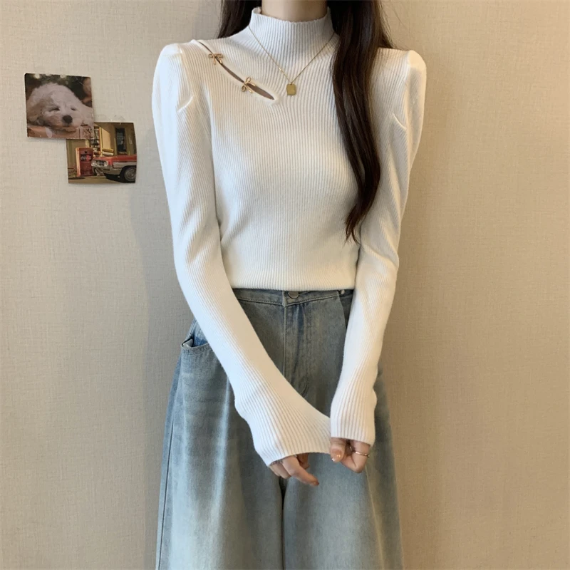 洋气纯欲小心机半高领针织衫女秋季新款微胖mm显瘦设计感内搭毛衣