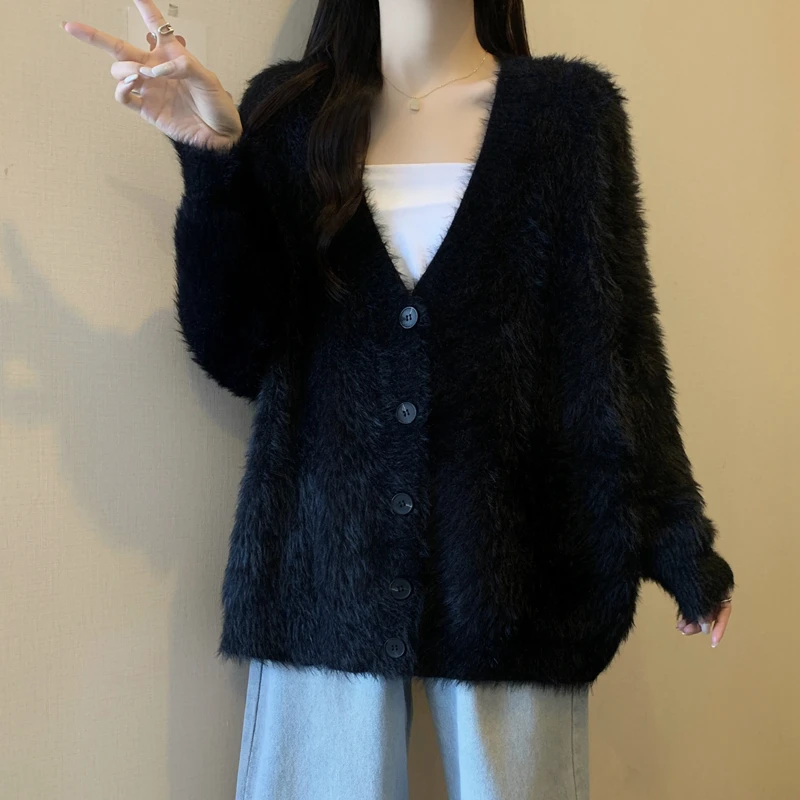 大码洋气慵懒风毛茸茸长袖毛衣女秋冬外穿胖妹妹显瘦遮肚针织开衫